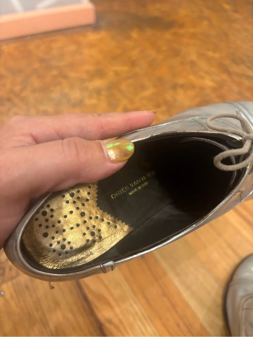 Dries Van Noten Silver Metallic Grey Lace-Up Heeled Oxfords